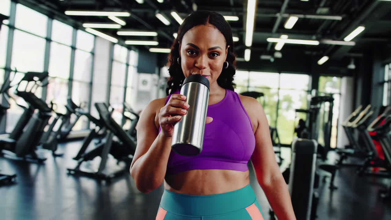 mujer bebiendo agua en el gimnasio
