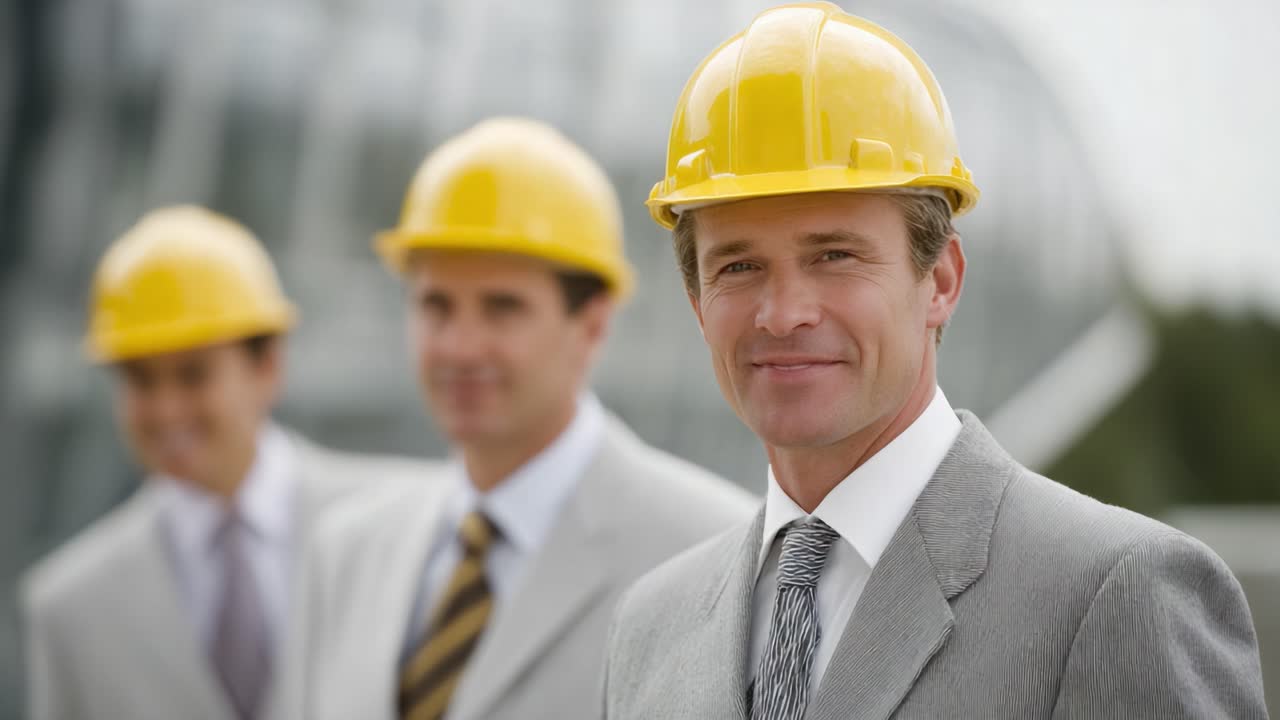Professional construction workers in suits wear hard hats while standing together, showcasing a blend of industry and business attire with a confident demeanor
