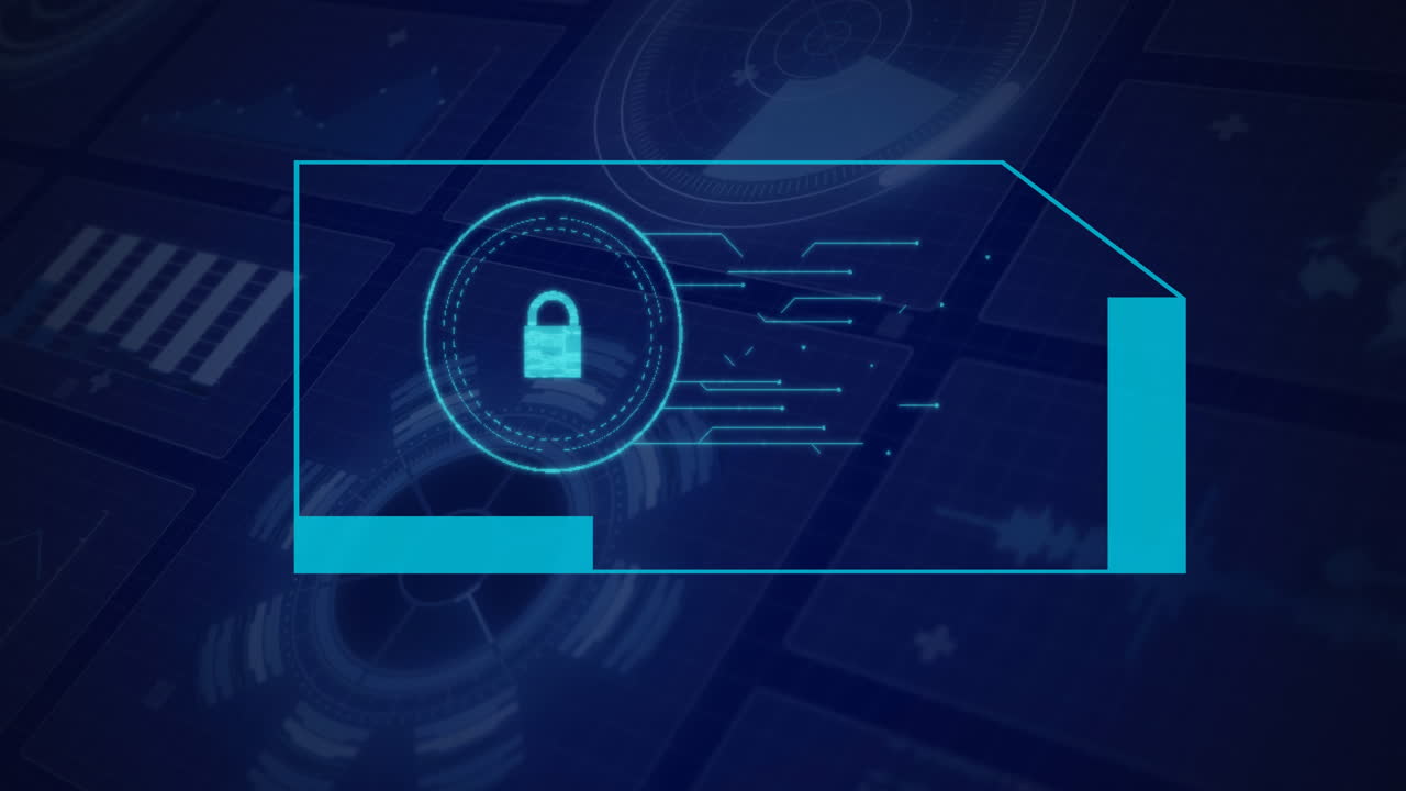 Animation of online security padlock and data processing over digital screen