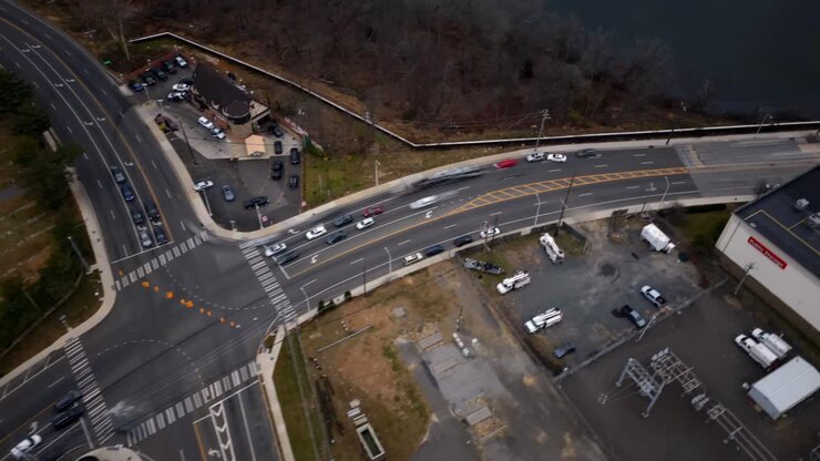 An aerial time lapse of a large intersection on Long Island, NY on a cloudy day