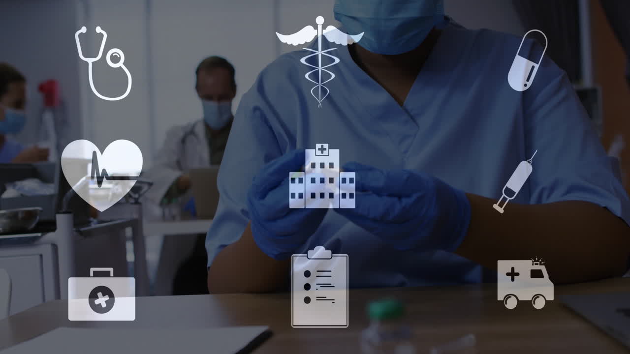 In school, medical professionals working with healthcare symbols overlaying in animation