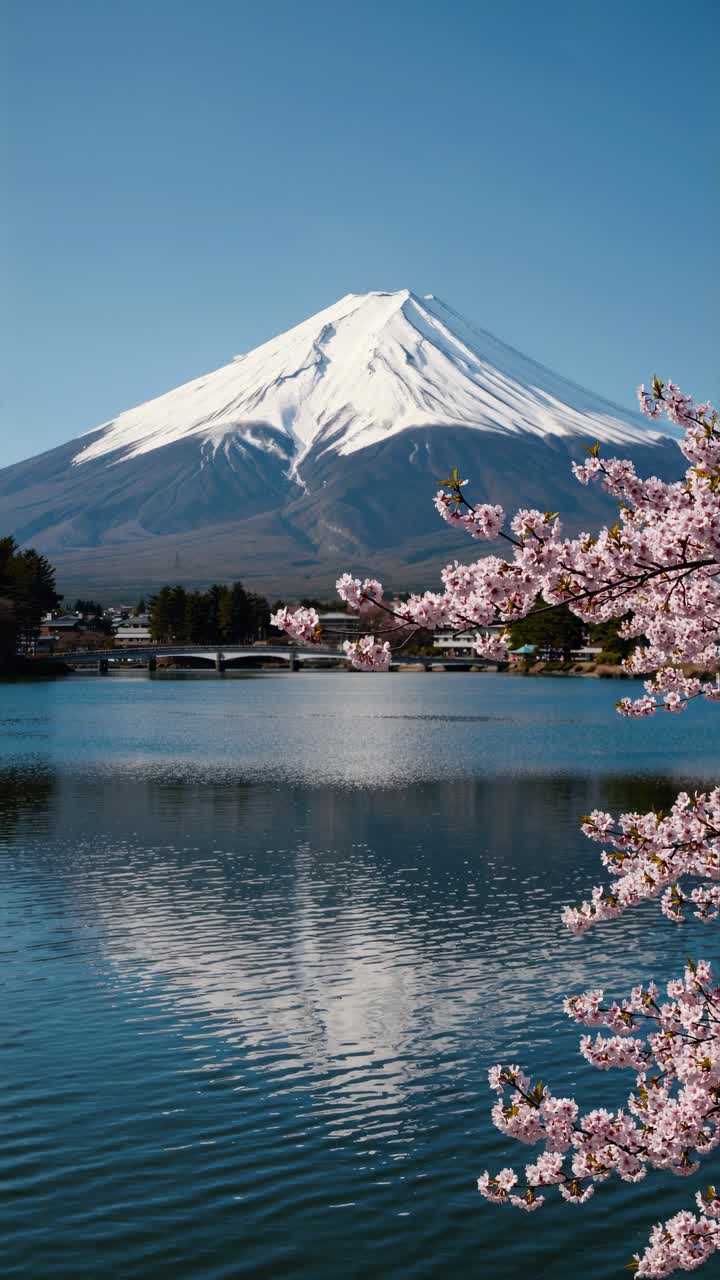 Un sereno video paesaggistico con il Monte Fuji e i fiori di ciliegio in primo piano