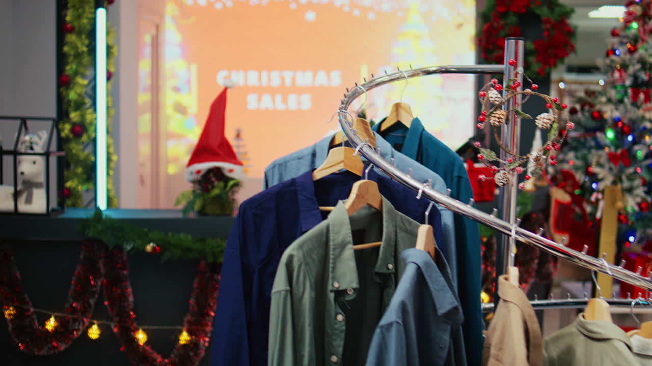 크리스마스 판매 광고가 적힌 디지털 스크린 광고판에 돌리를 공개하고, 겨울 휴가 시즌 동안 크리스마스 장식 패션 부티크에서 축제 판촉 행사를 홍보합니다.