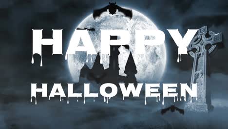 Happy-halloween-with-melting-effect-over-moon-and-bats-flying-in-graveyard-at-night