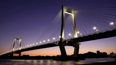illuminated cable-stayed bridge at dusk