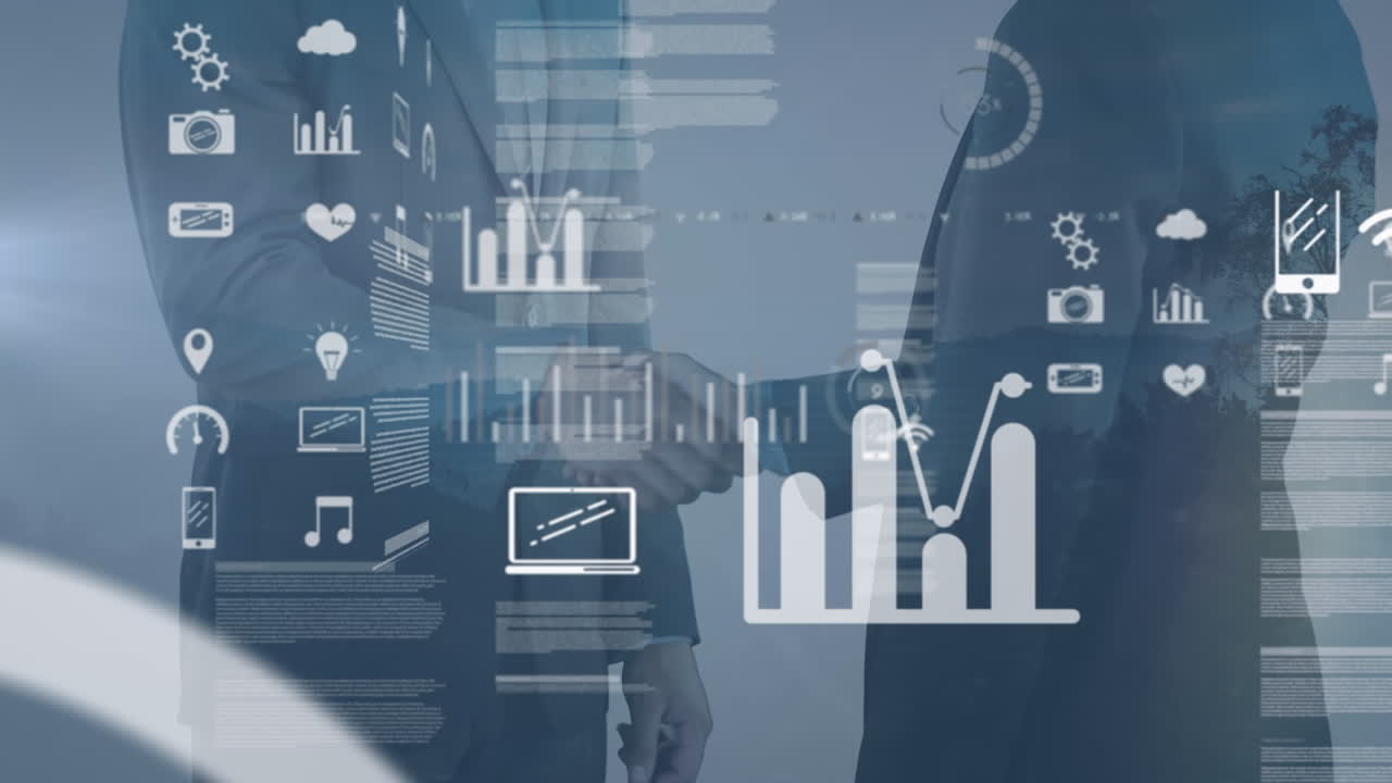 animación del procesamiento de datos sobre el apretón de manos de un hombre de negocios