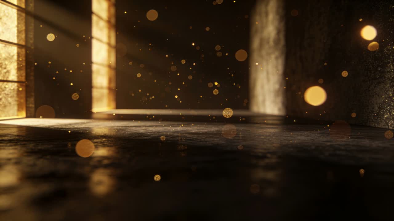 Streaming sunlight through window revealing floating golden dust motes drifting across hall floor