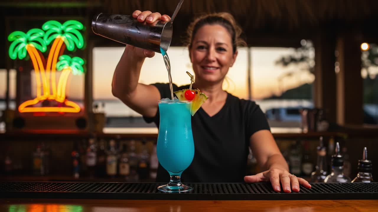 A skilled bartender expertly pours a vibrant blue cocktail, garnished with a cherry and pineapple, against a tropical backdrop featuring illuminated palm trees at sunset.