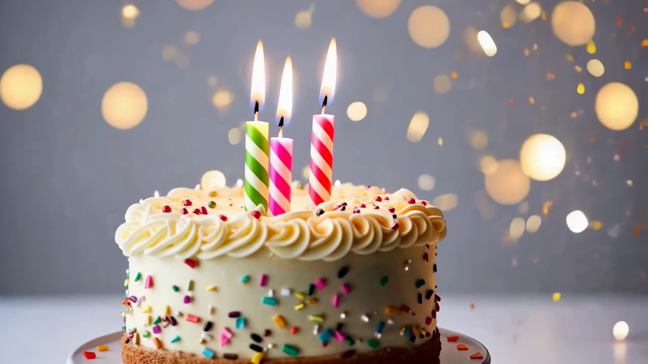 Torta di compleanno con candele accese e coriandoli che cadono