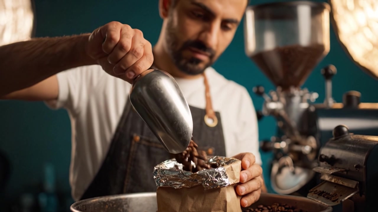Barista artigianale confeziona con maestria chicchi di caffè appena tostati in sacchetti per la vendita al dettaglio con precisione, in un ambiente accogliente e illuminato di caffetteria.