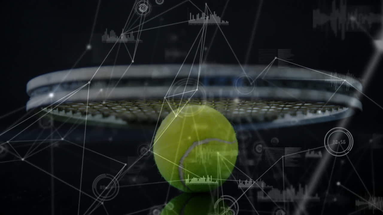 Tennis racket head being showcased in high-tech HUD scene, showing ball trajectory and stats
