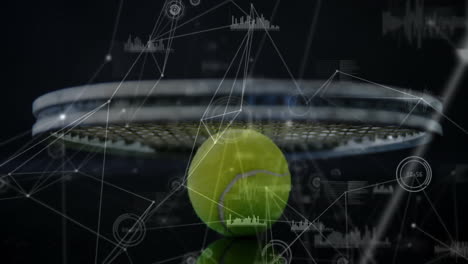 tennis racket head being showcased in high-tech hud scene, showing ball trajectory and stats