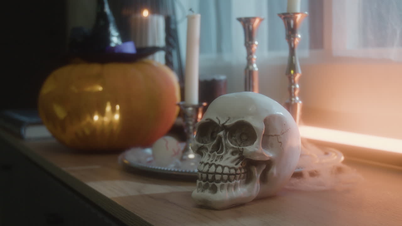 Halloween Still Life with Pumpkin and Skull