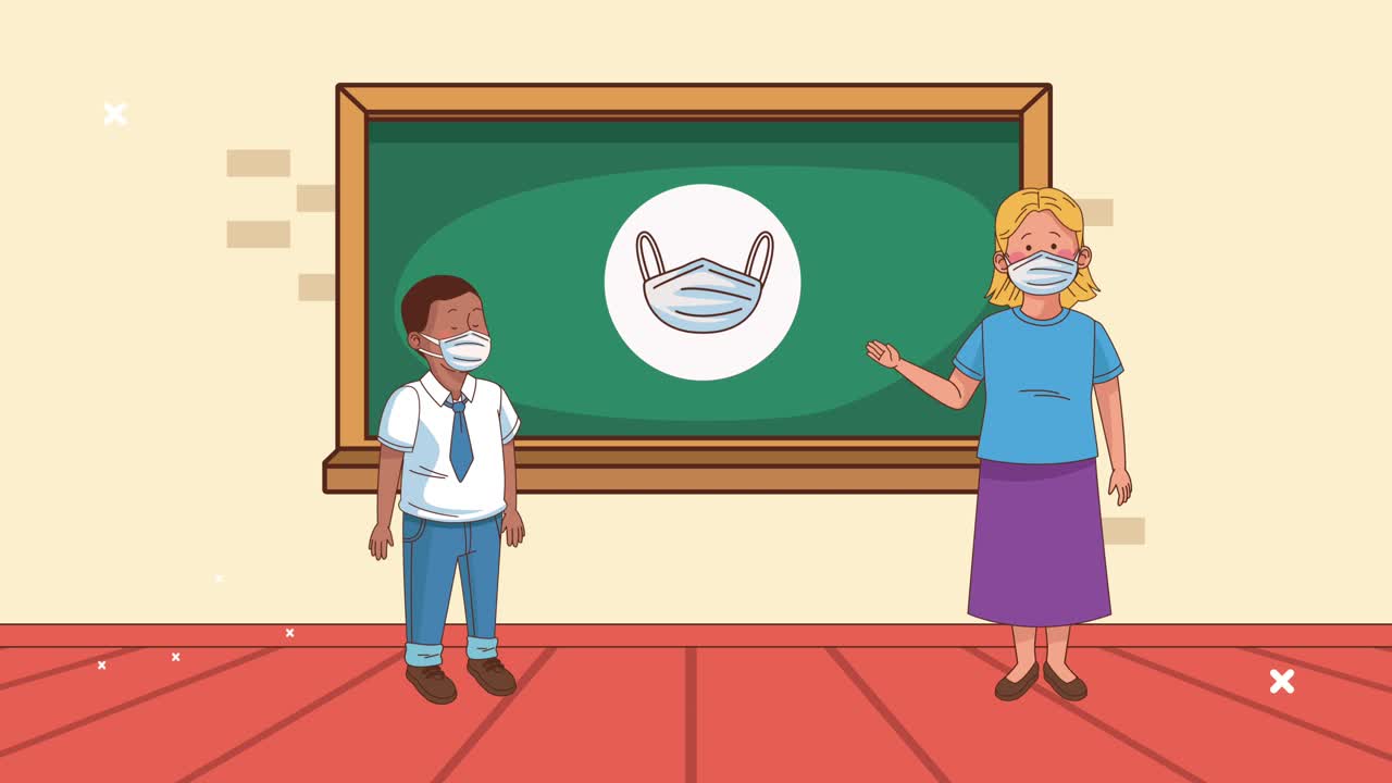 teacher and student boy wearing medical masks with stop covid19 signal in chalkboard