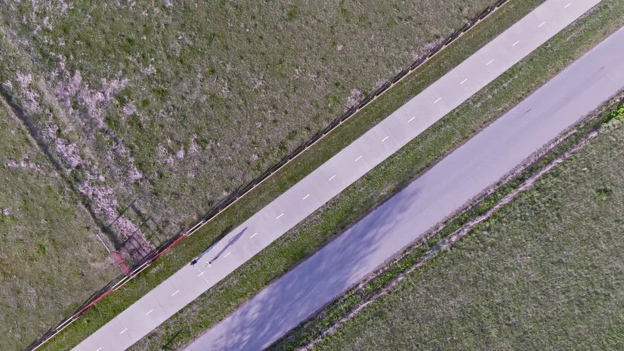 birds eye view of people walking on a trail