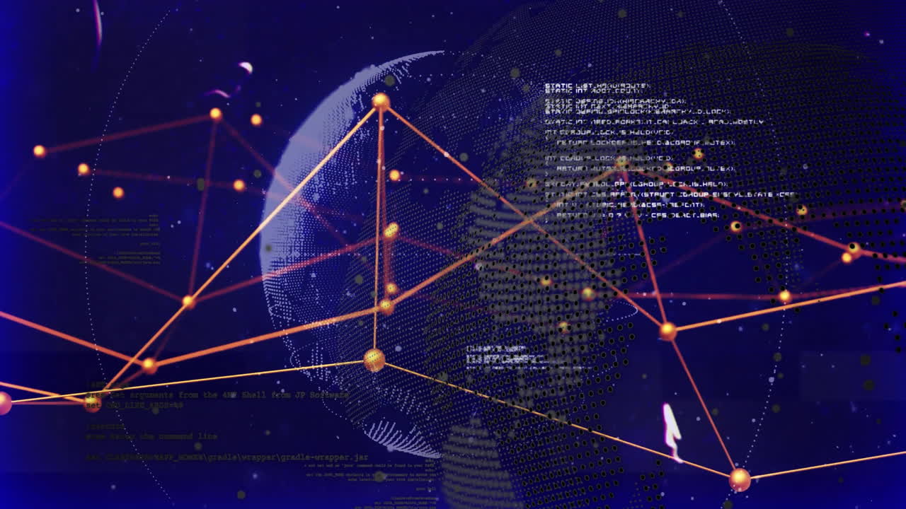 Animation of digital data processing and connections over globe on dark background