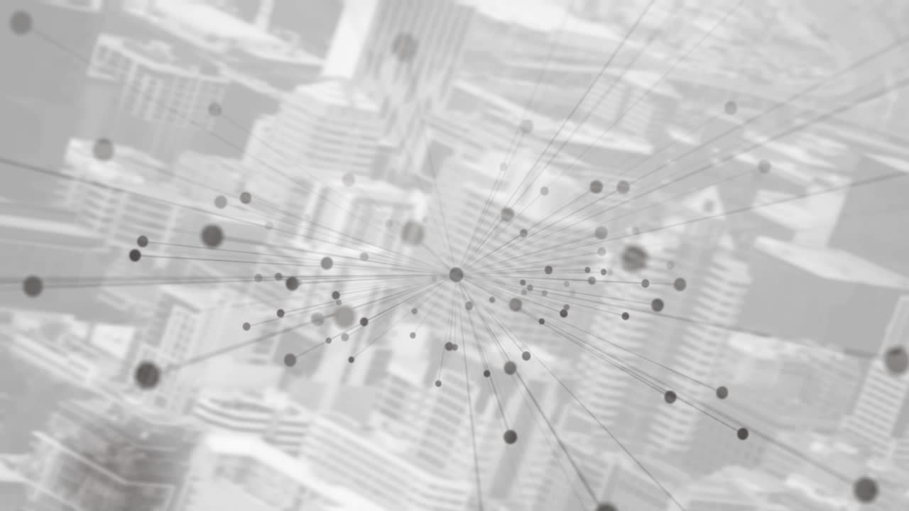 Animation of dots and connections over grey cityscape
