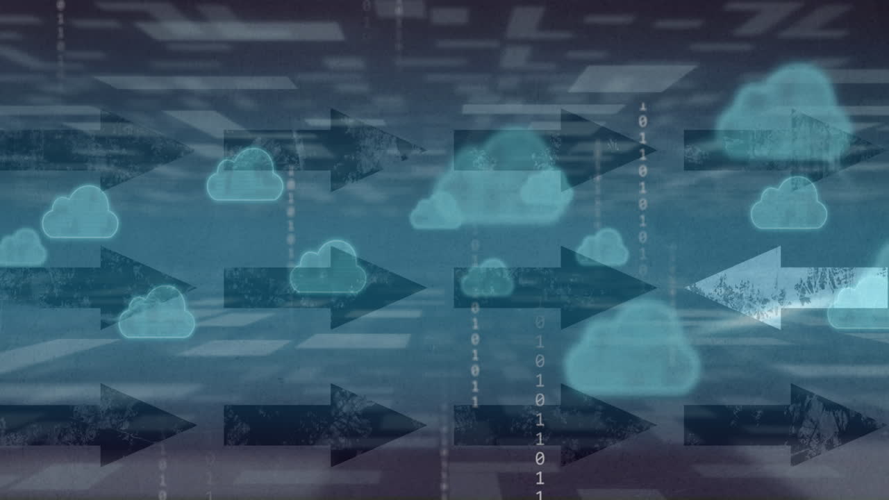 animación de nubes, flechas y datos binarios sobre un fondo azul oscuro