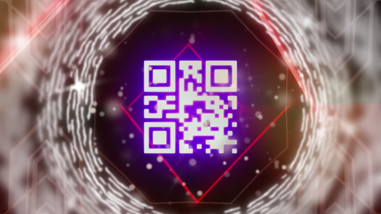 escáner de código qr con elementos de neón contra puntos de luces