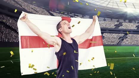 animación de confeti flotando sobre el hombre caucásico sosteniendo la bandera inglesa en el estadio