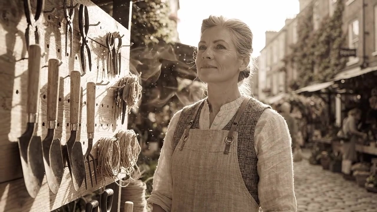Una donna pensierosa in un vivace mercato si trova tra attrezzi da giardinaggio e oggetti artigianali, riflettendo sul suo lavoro in un ambiente affascinante e soleggiato.