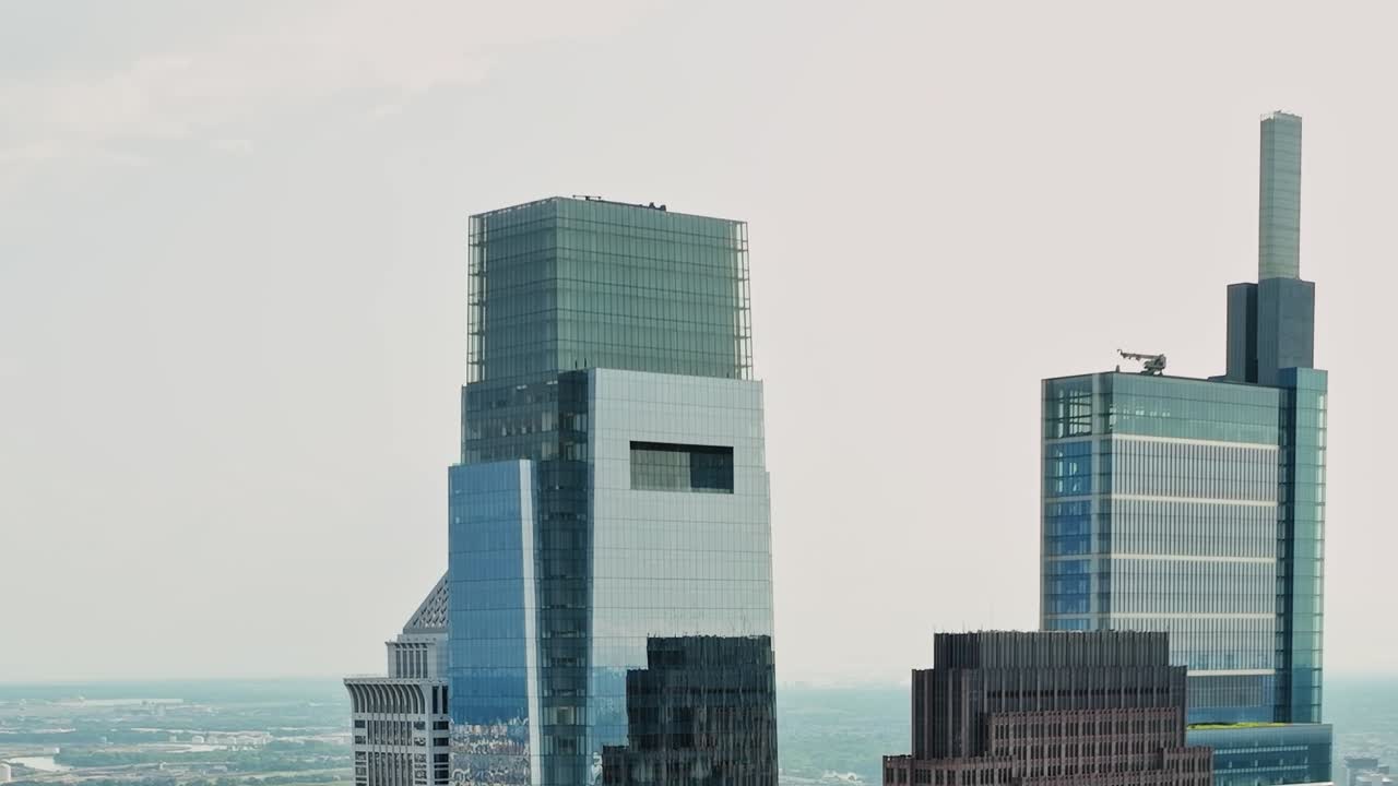 View of modern skyscrapers in Philadelphia taken from a drone perspective