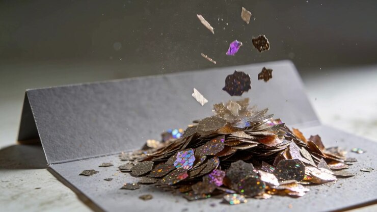 Caduta di paillettes olografiche sciolte che atterrano su un cartoncino grigio piegato sul tavolo, formando un mucchio a strati.