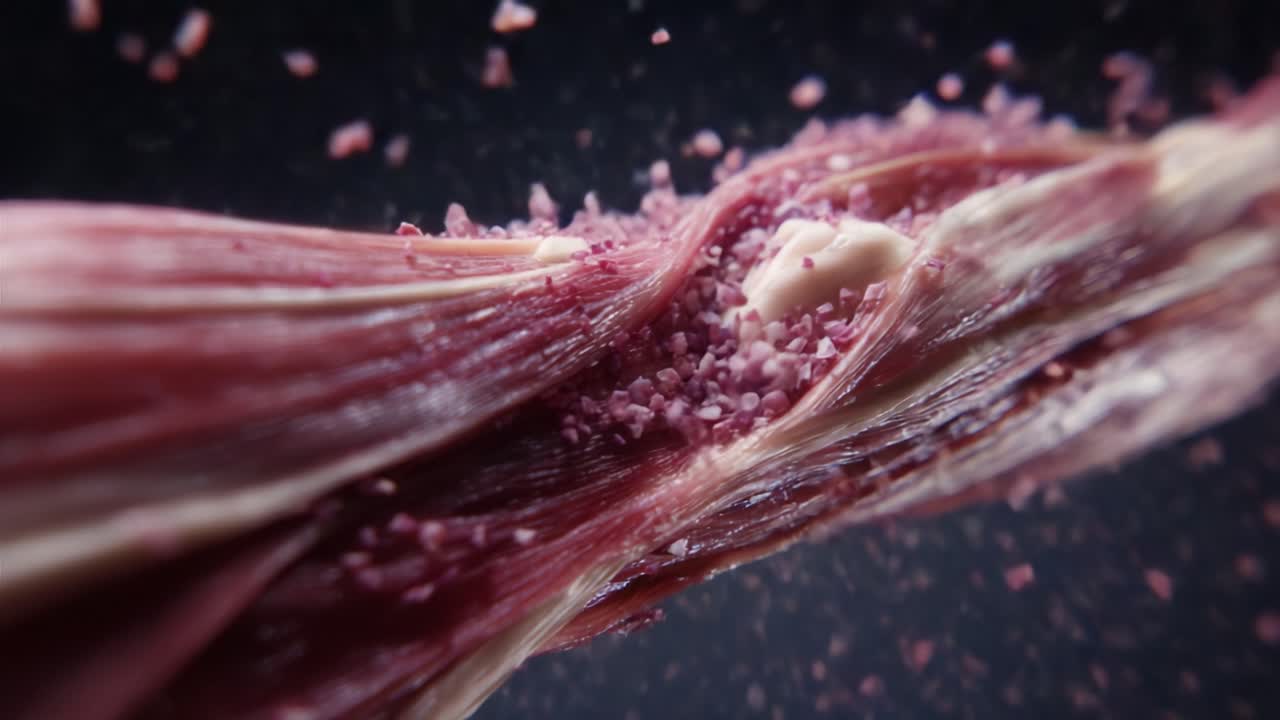 Close-Up Exploration of Muscle Tissue Interspersed with Crystalline Particles, Highlighting the Intricacies of Structure and Texture