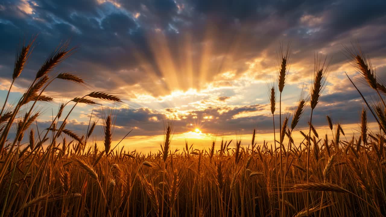 Golden Wheat Fields Under a Dramatic Sunset Sky, Illuminated by Sun Rays Breaking Through Clouds, Capturing the Beauty of Nature's Harmony