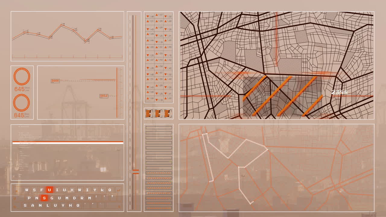 animación de gráficos, círculos de carga, barras, patrón de navegación y lenguaje informático sobre la ciudad moderna