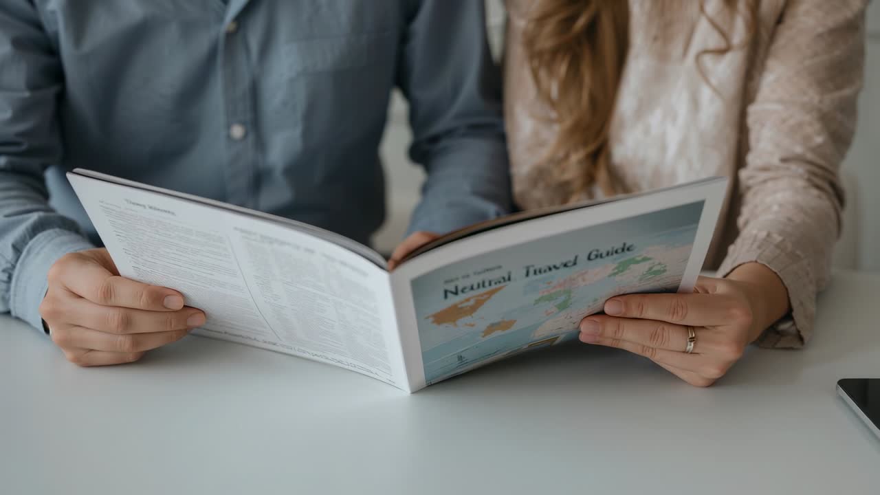 Opening guide, couple shifting hands at white table, in blue or beige, phone, ring, planning trip