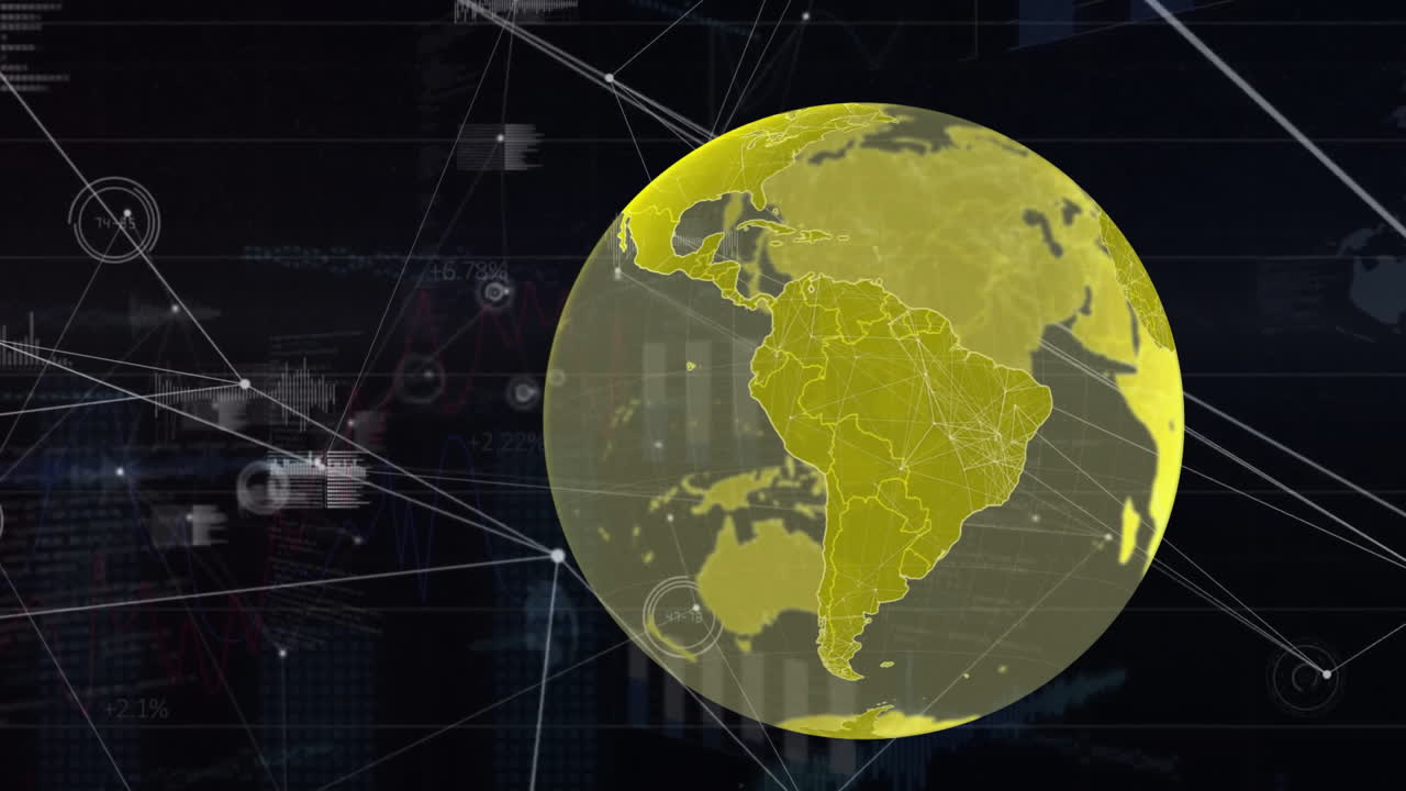 animación del globo con conexiones y procesamiento de datos en fondo negro.