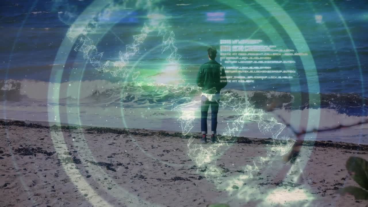 Uomo in piedi sulla spiaggia, che usa anelli di dati e linee di rete con frammenti di codice fluttuanti in un contesto tecnologico.