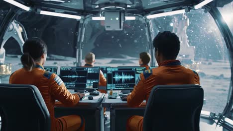 a team of astronauts analyzing data from their control center on a lunar mission in a futuristic spacecraft, highlighting advanced technology and space exploration ambitions