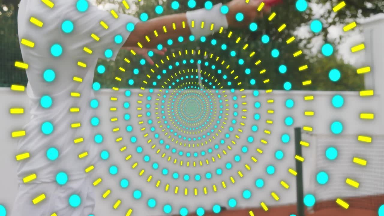 male tennis player swinging racket on court, with animated turquoise dots highlighting tech data