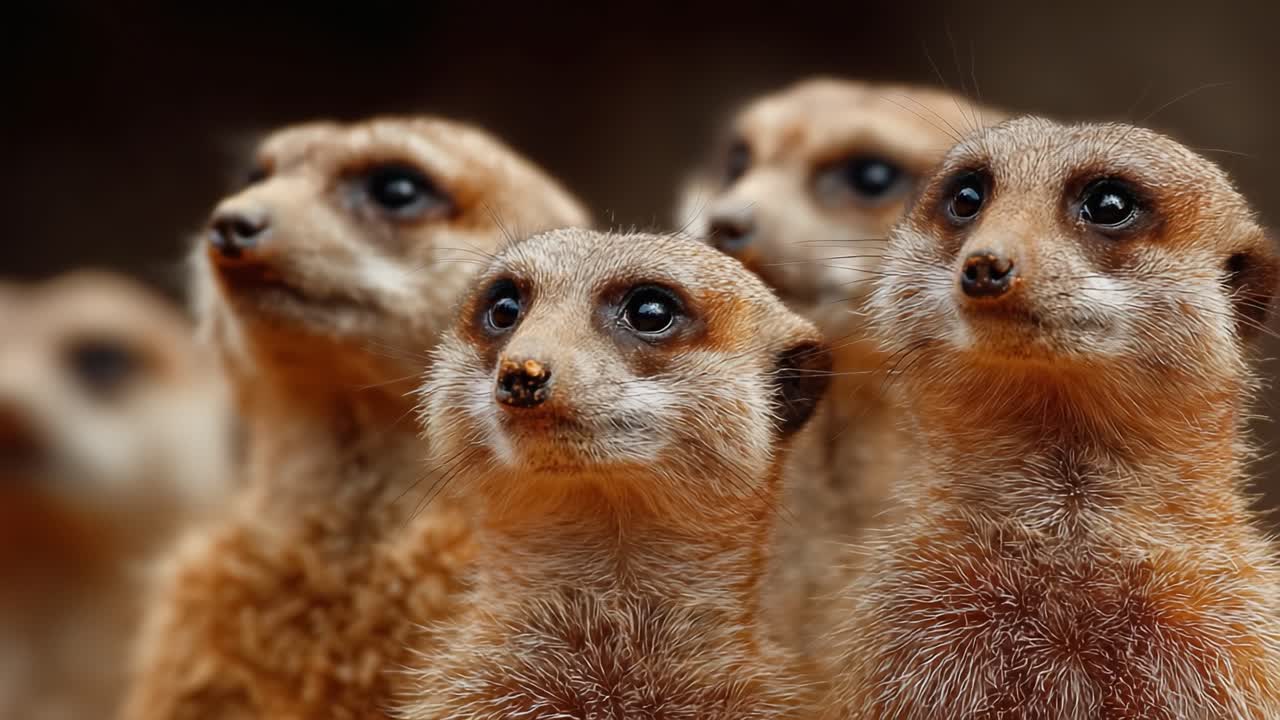 Curious Meerkats Standing Together, Observing Their Surroundings in a Close-Knit Group, Highlighting Their Intriguing Expressions and Playful Nature