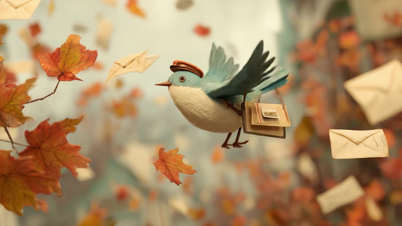 A Cherubic Bird Delivers Letters Amongst Falling Autumn Leaves, Capturing the Essence of Mail Delivery in a Whimsical Fantasy Setting