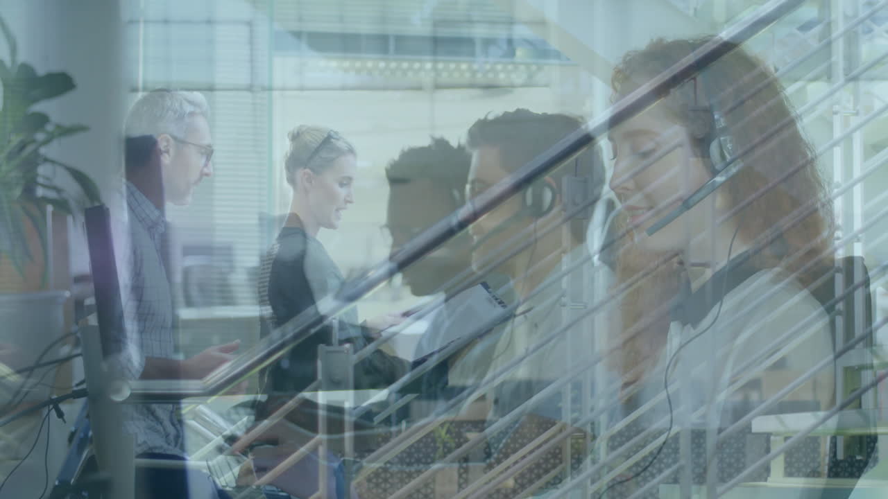 In office, business professionals working at desks with animation of customer service team