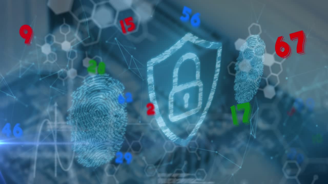 Animation of numbers floating over security padlock icon and biometric fingerprint scanner