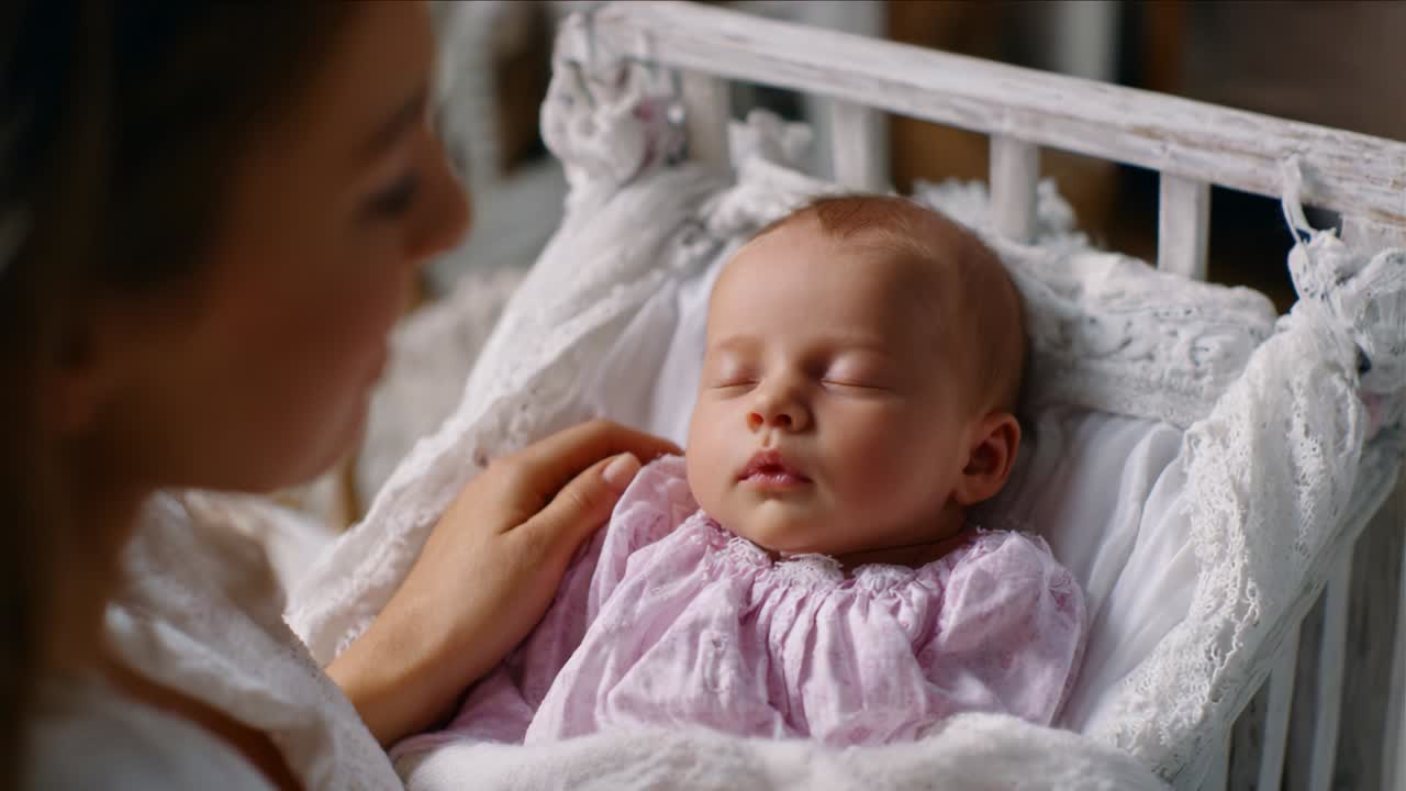 Momenti teneri: una splendida interazione tra una madre e il suo bambino addormentato in una culla, che cattura l'essenza di amore, cura e connessione in un ambiente sereno