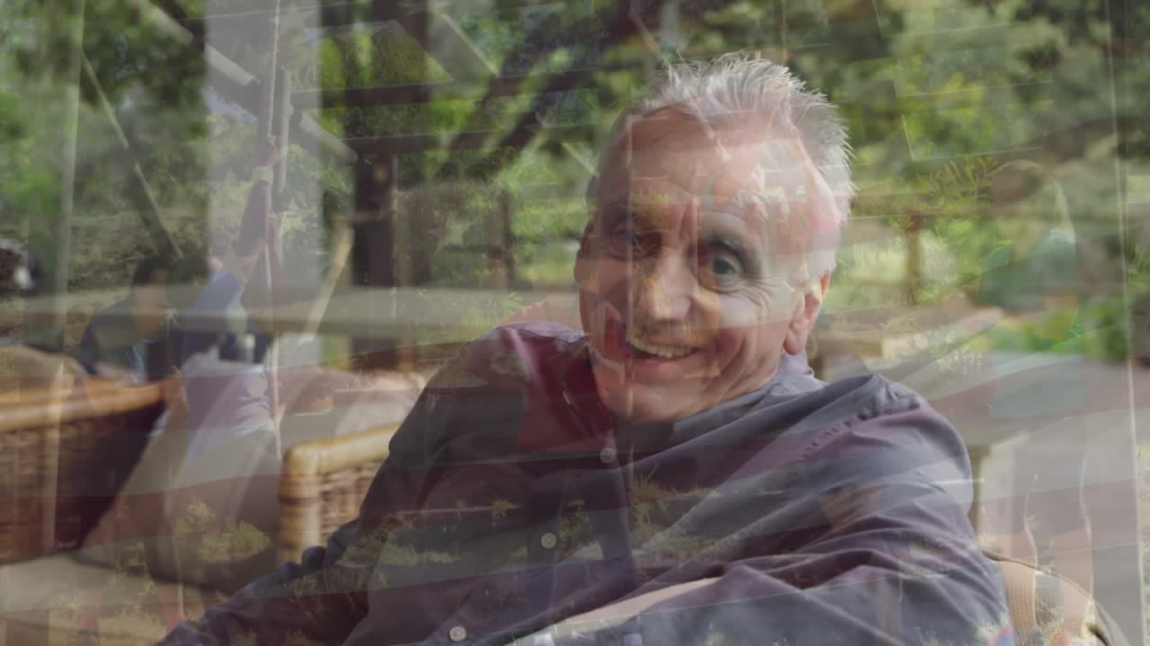 Animation of flag of usa over senior caucasian man