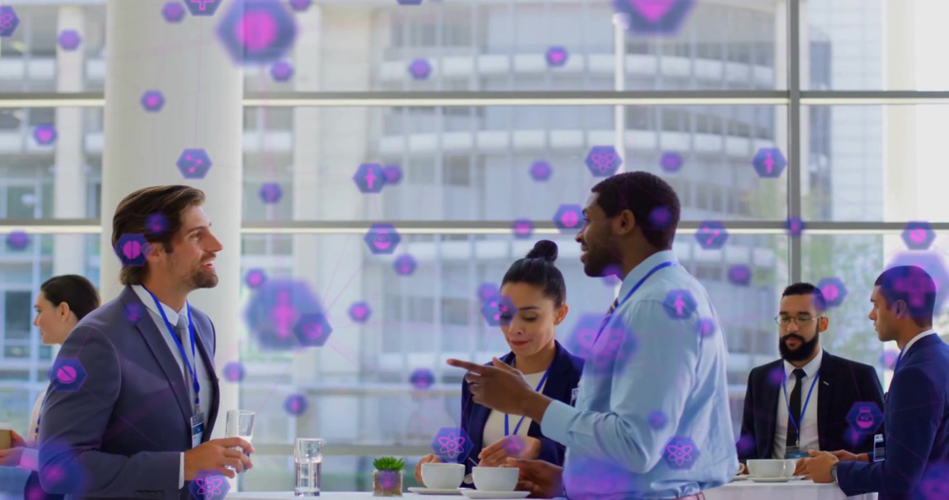 Three peers starting conference networking, purple hexagon overlay drifting across showing phone