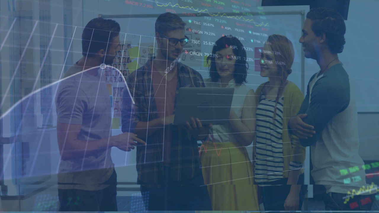 Animation of financial data processing over diverse business people