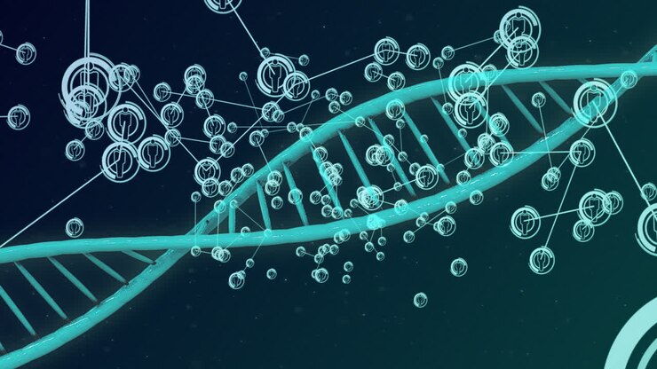 Animation of dna strand and network of connections with icons