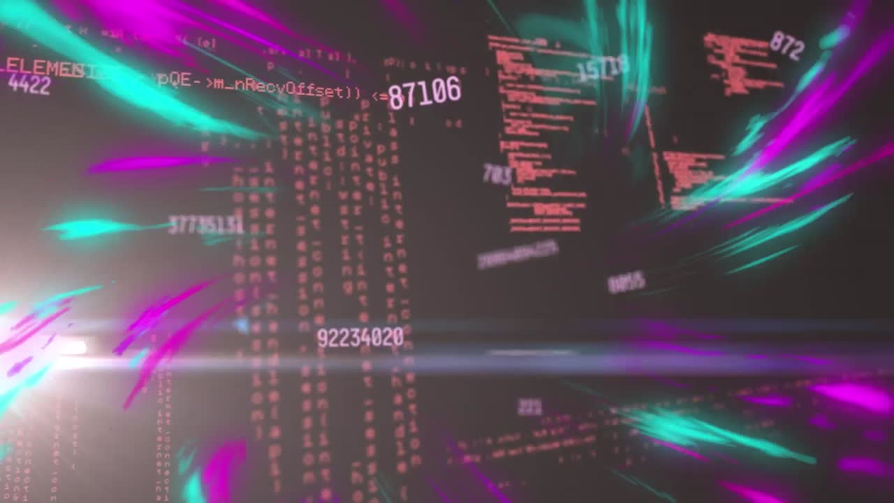 Animation of digital programming language and numbers with abstract patterns moving in loop