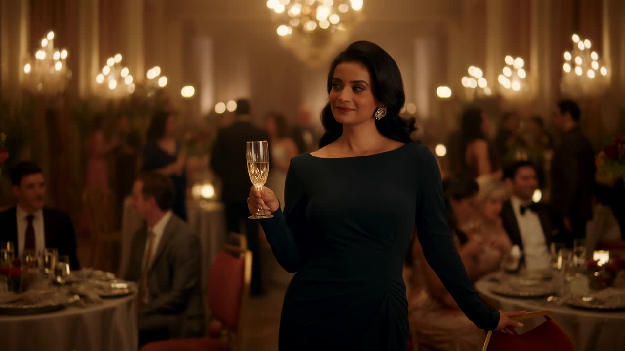 Elegant Ballroom Gala Asian Woman Toasting, Wearing Navy Dress Holding Champagne Flute Smiling Confidently