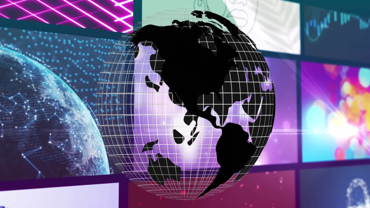 블랙 글로브가 복합 화면에서 재생되는 다채로운 클립 위에 회전하는 애니메이션