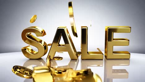 golden sale sign resting on a reflective white surface, receiving a shower of falling coins from above