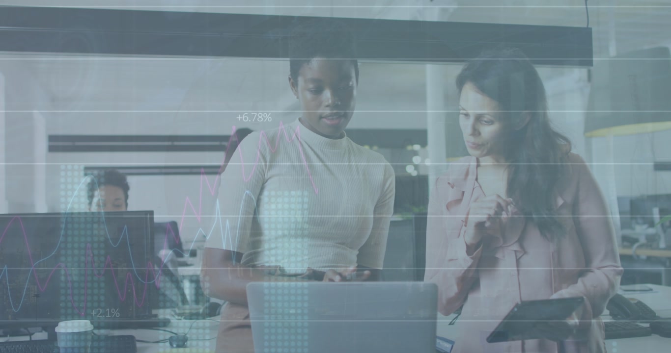 Animation of statistics and financial data processing over business people working in office