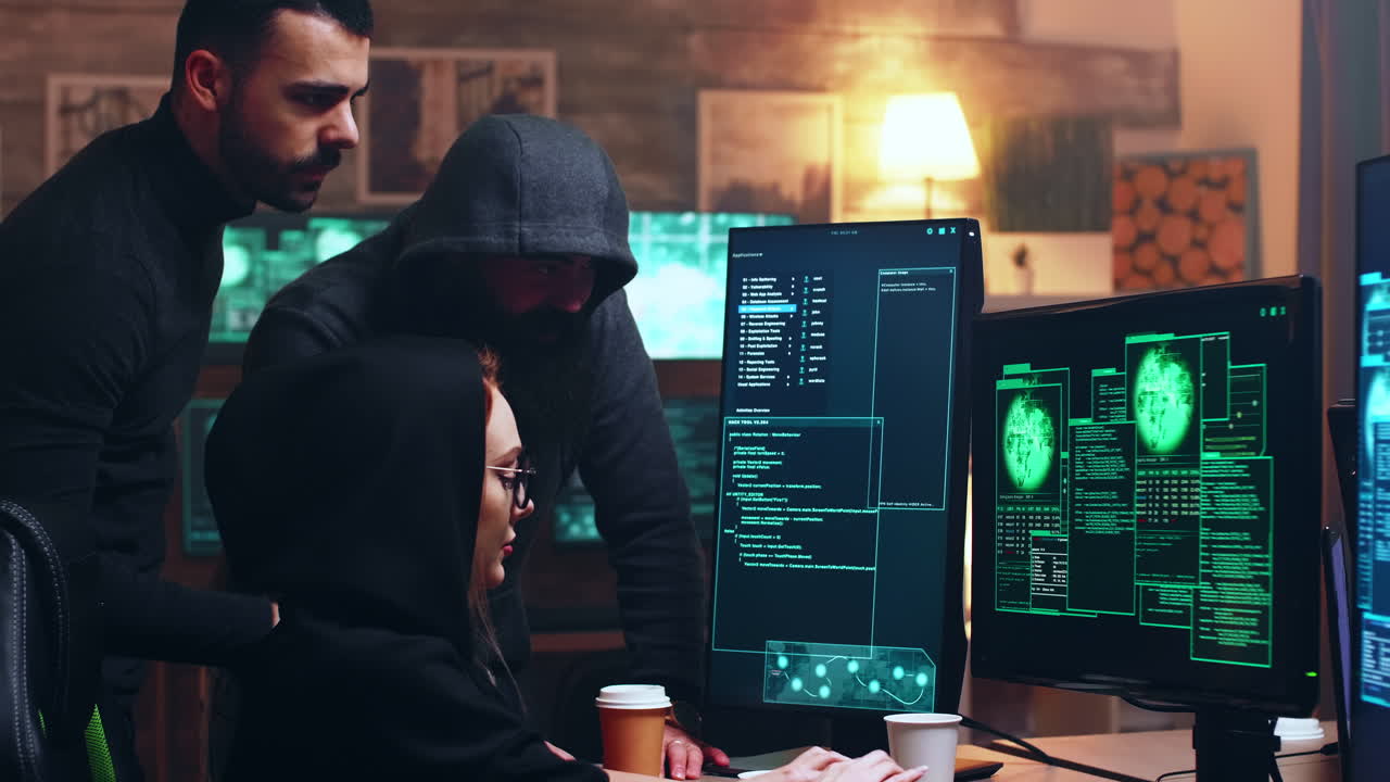 Team of hackers looking at computer with multiple monitors